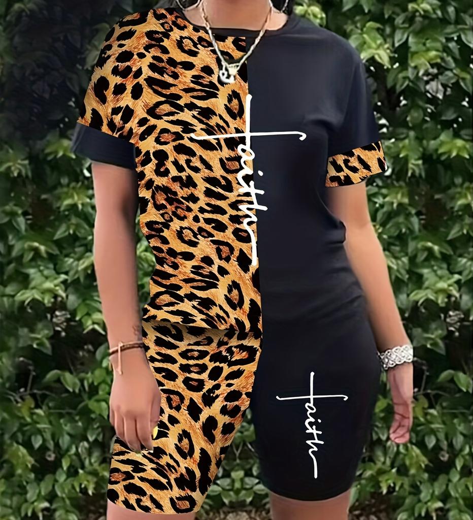 Size XXS-6XL Plus Size Summer Fashion Outfits 2 Piece Set Women's Leopard Print With Letter Print Short Sleeve Tee Shorts Set