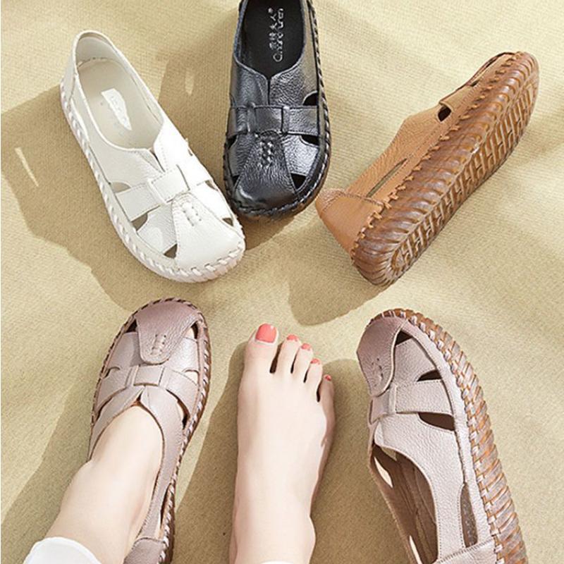 Soft Sole Mum Sandals Women Summer Flats Comfortable Non-slip Loafers Breathable Solid Colour Walking Shoes