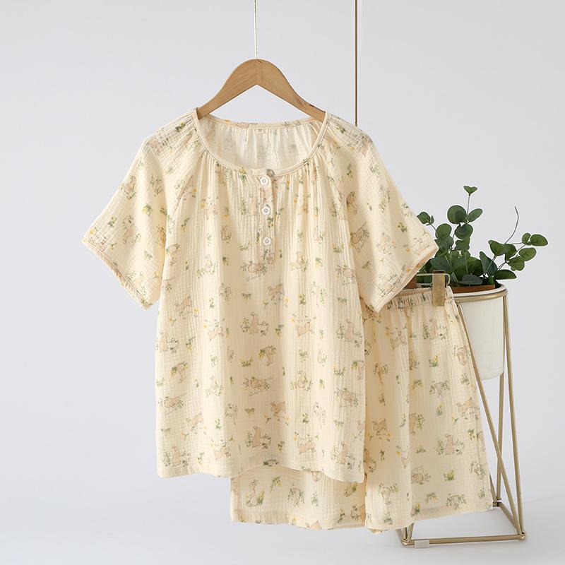 Cotton Yarn Pajamas Women's Summer Round Neck Short-sleeved Shorts Pullover Shoulder Plug Sweet Summer Thin Cotton Loungewear Set