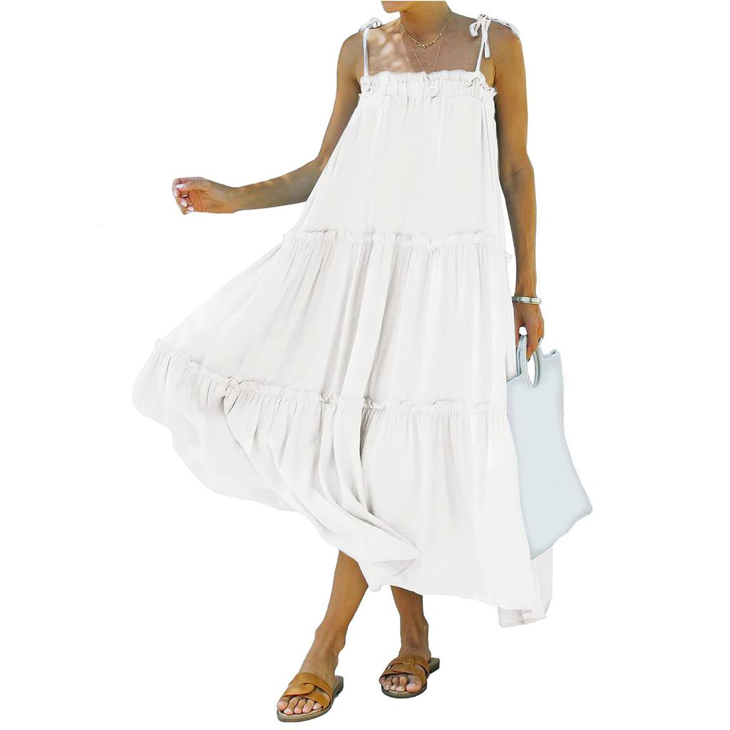 Damen-Kleid mit verstellbaren Spaghettiträgern, ärmellos, lässig, lockeres, plissiertes Sling-Strandkleid, langes Kleid