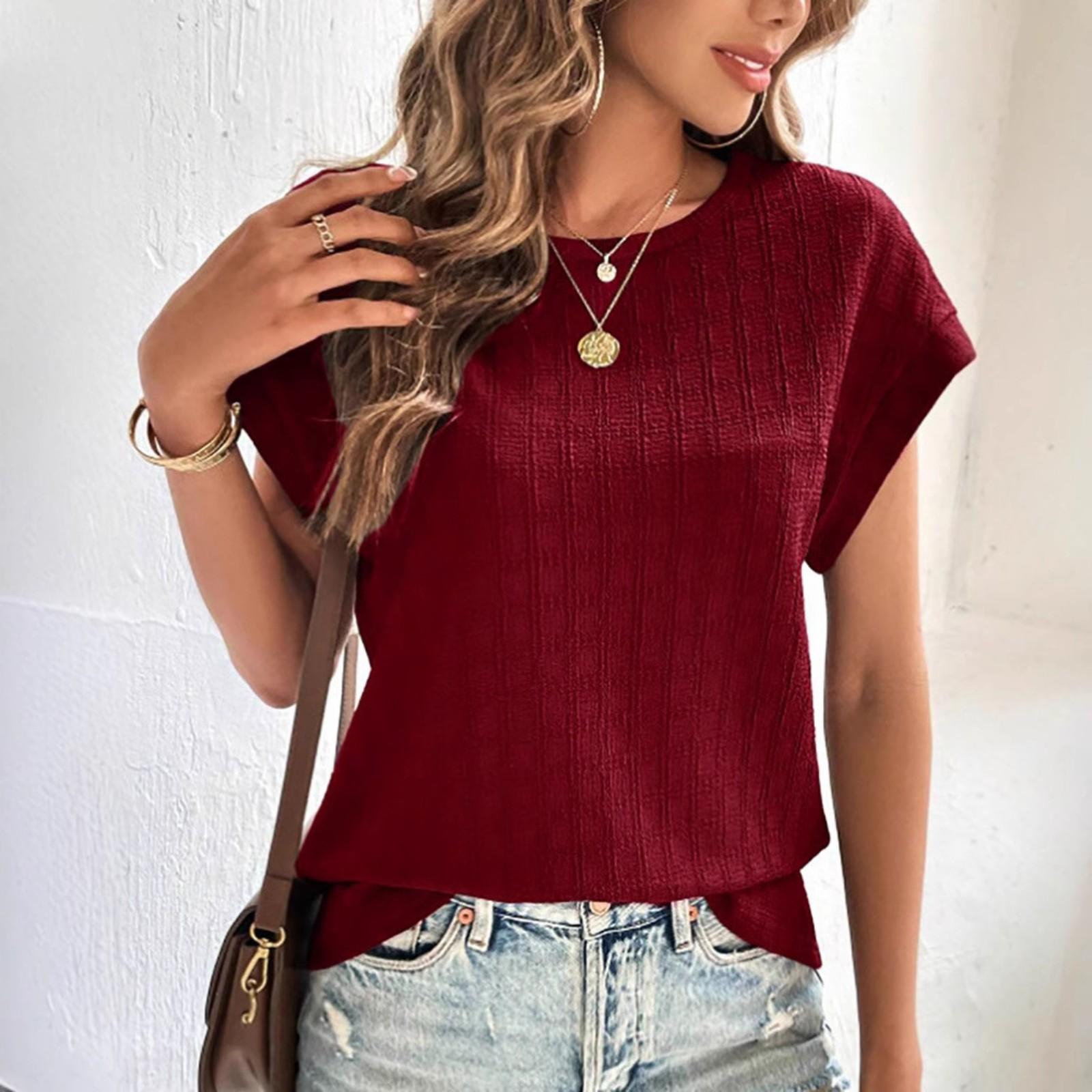 

Women s Summer Casual Loose Round Neck Short,sleeved T,shirt M винний