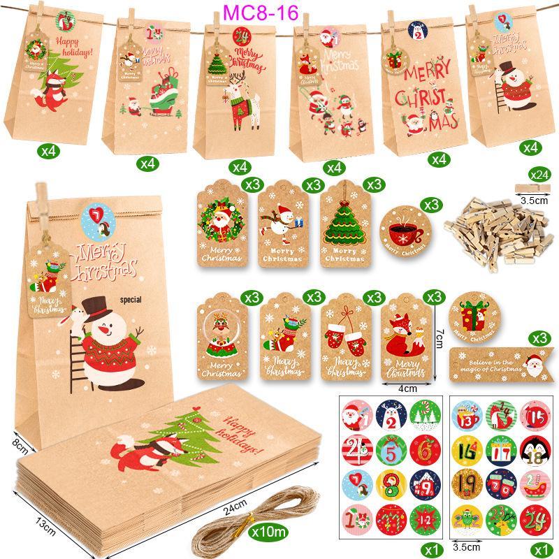 Christmas Advent Calendar Kraft Gift Bags Set - 24 Pieces