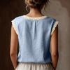 Damen Leinen Kurzarm Top mit Spitzenbesatz Lockerer Schnitt Rundhalsausschnitt Basic Bluse Lässiges Leichtes Sommerhemd
