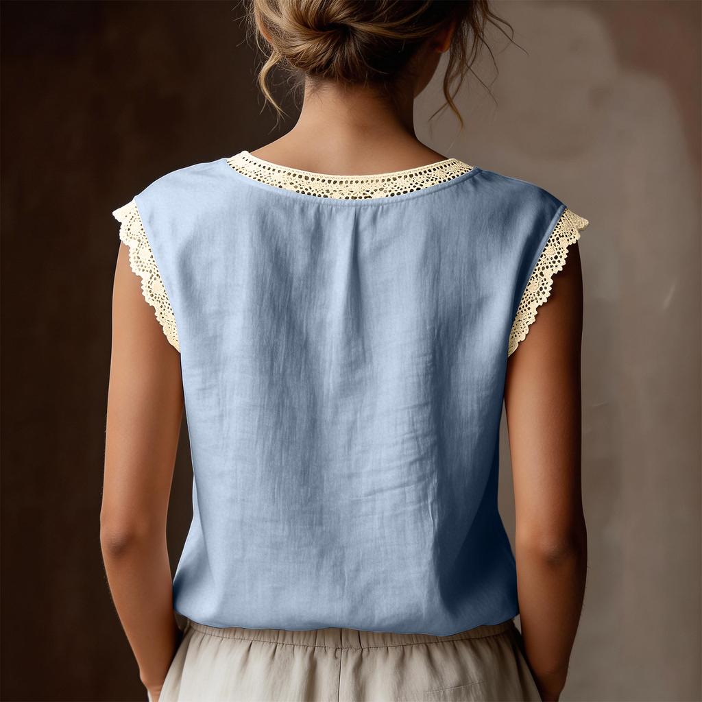 Damen Leinen Kurzarm Top mit Spitzenbesatz Lockerer Schnitt Rundhalsausschnitt Basic Bluse Lässiges Leichtes Sommerhemd