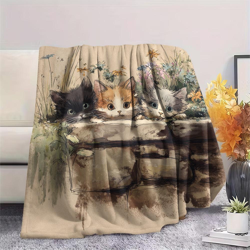 Peeking Cats Print Flannel Blanket, High quality Comfortable for All Seasons, Home Decor, Warmth and Comfort