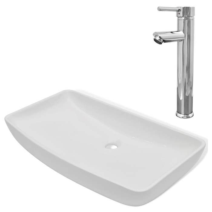 VidaXL Lavabo et Mitigeur Céramique Rectangulaire Blanc Salle de Bain Vasque 275493
