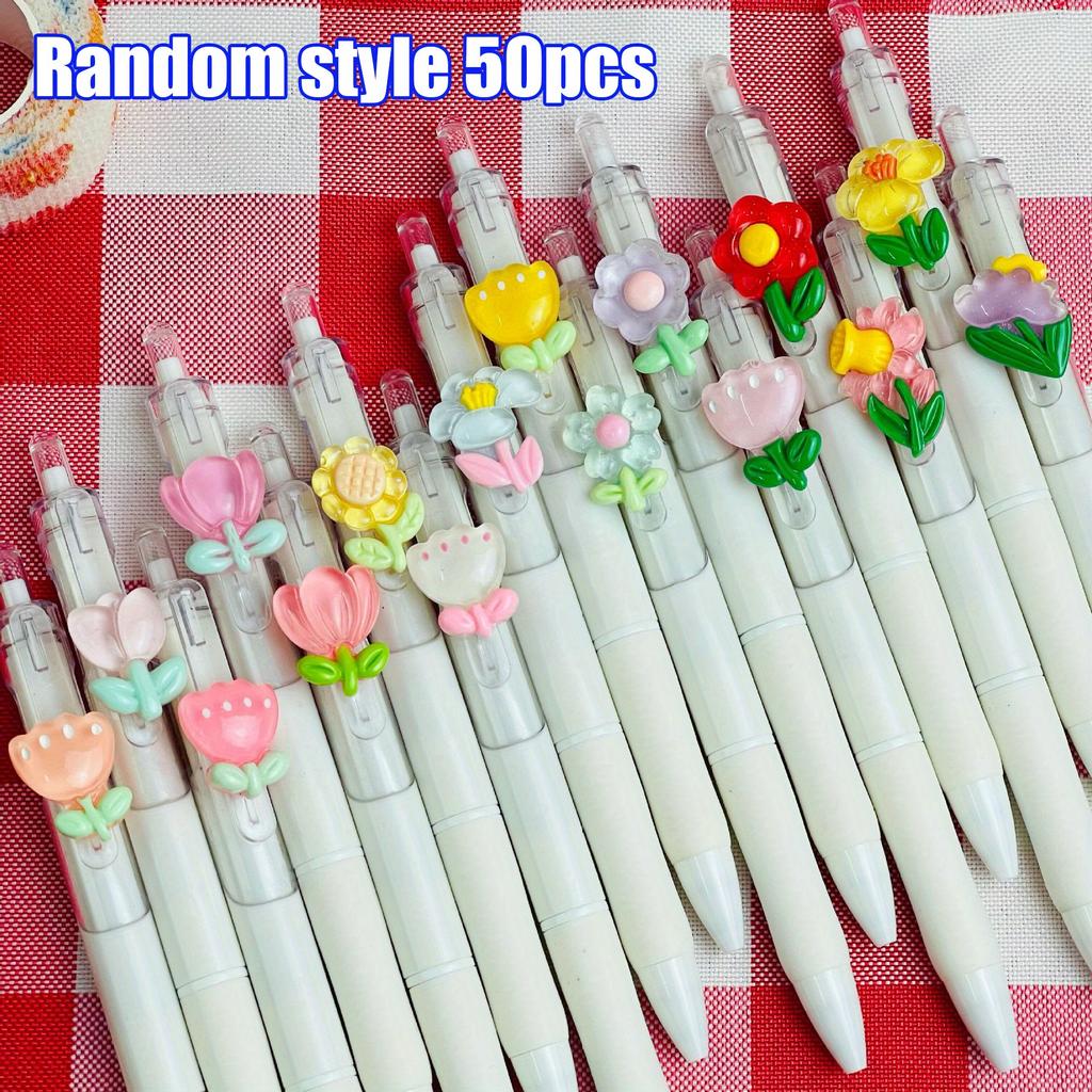 50pcs Cute Floral Pattern Gel Pens Small White Pen Quick-Drying Ink Smooth Writing Multi-Color Mixed Pack Ladies Office