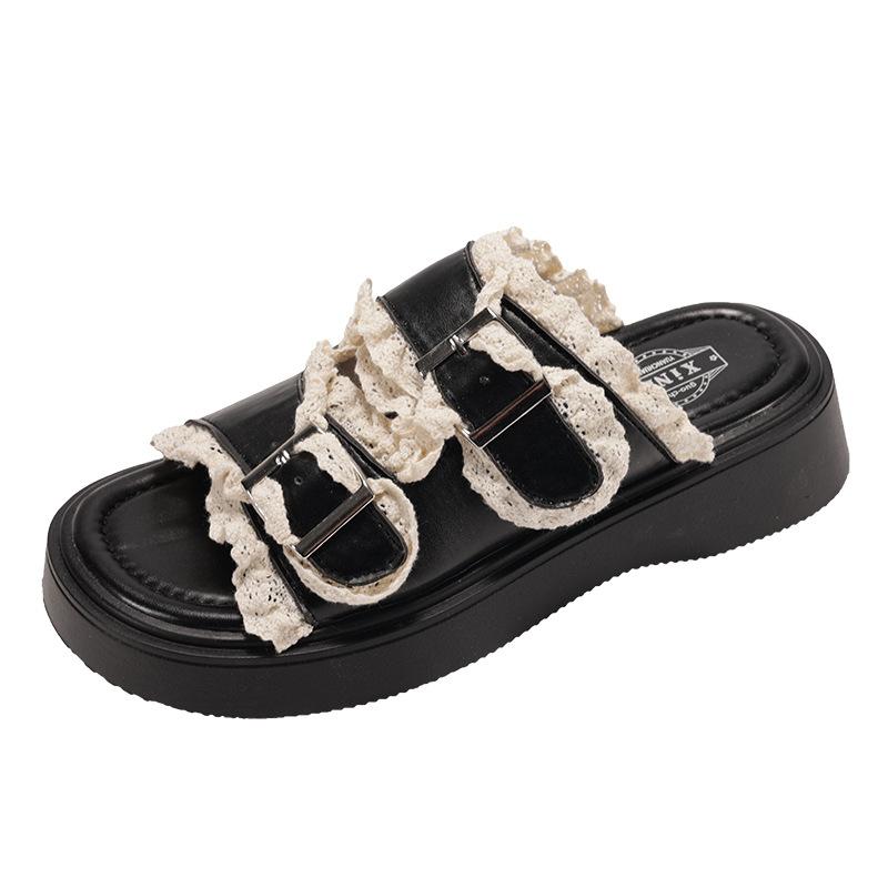 Fashion tassel black popular thick-soled one-word slippers women's summer wear 2025 new high-end cool slippers