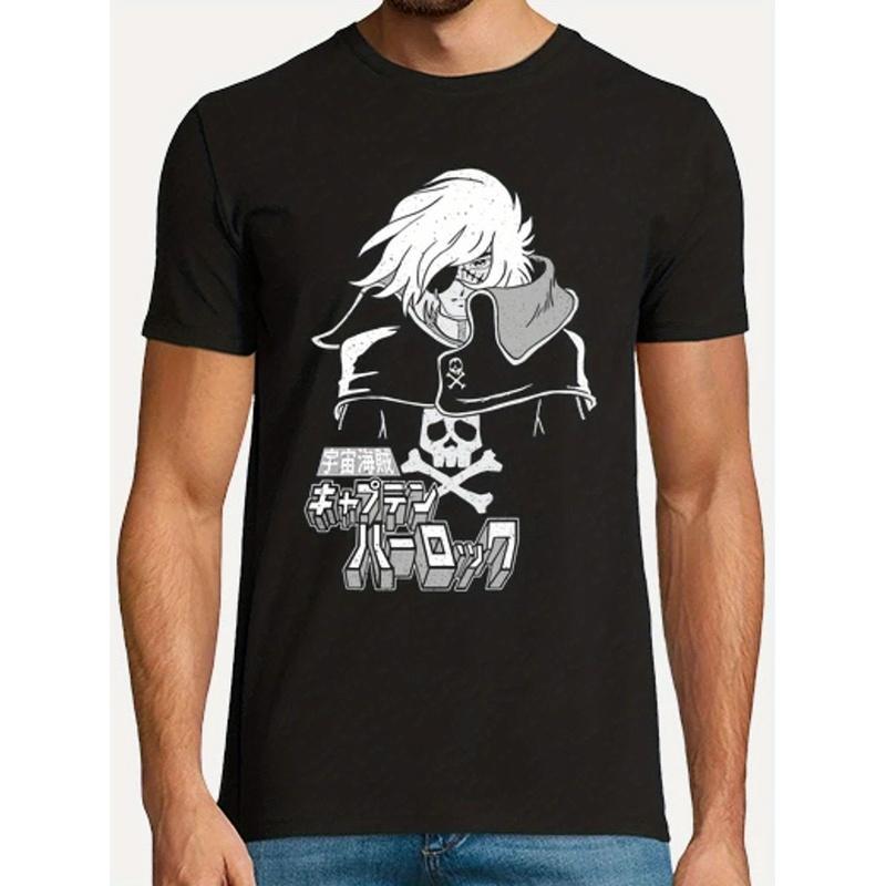 Men's Harlock Space Pirate Anime T-Shirt - 100% Cotton 180GSM Crew Neck Short Sleeve Tee with Harlock Anime Character Print - Casual Anime Apparel