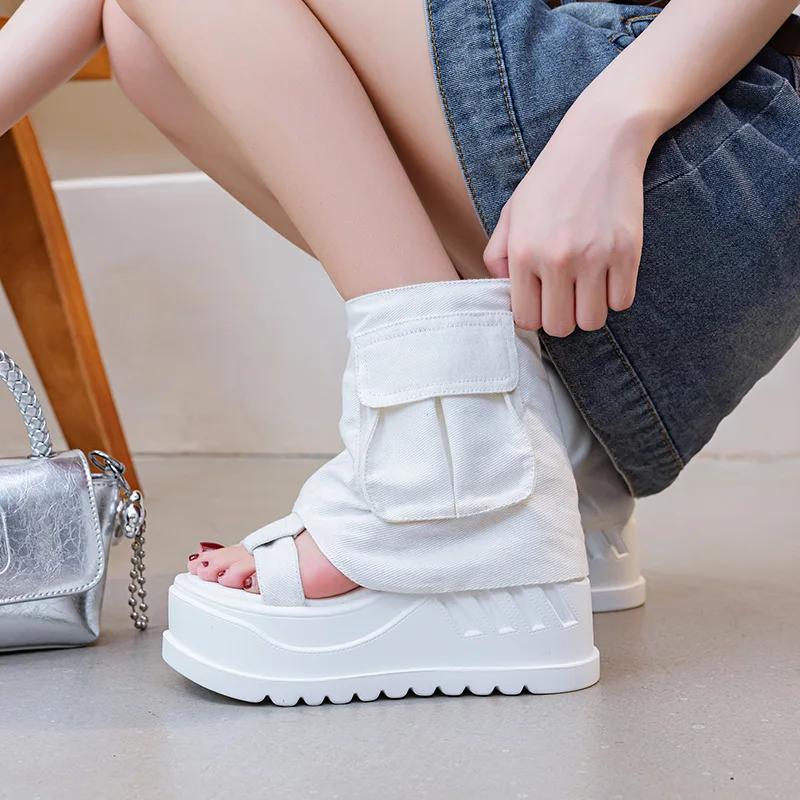 Fashion 10CM Fashion Canvas Spring Summer Platform Wedge Flats Sandal Women Autumn British Motorcycle Fashion ZIP Ankle Boots Shoes