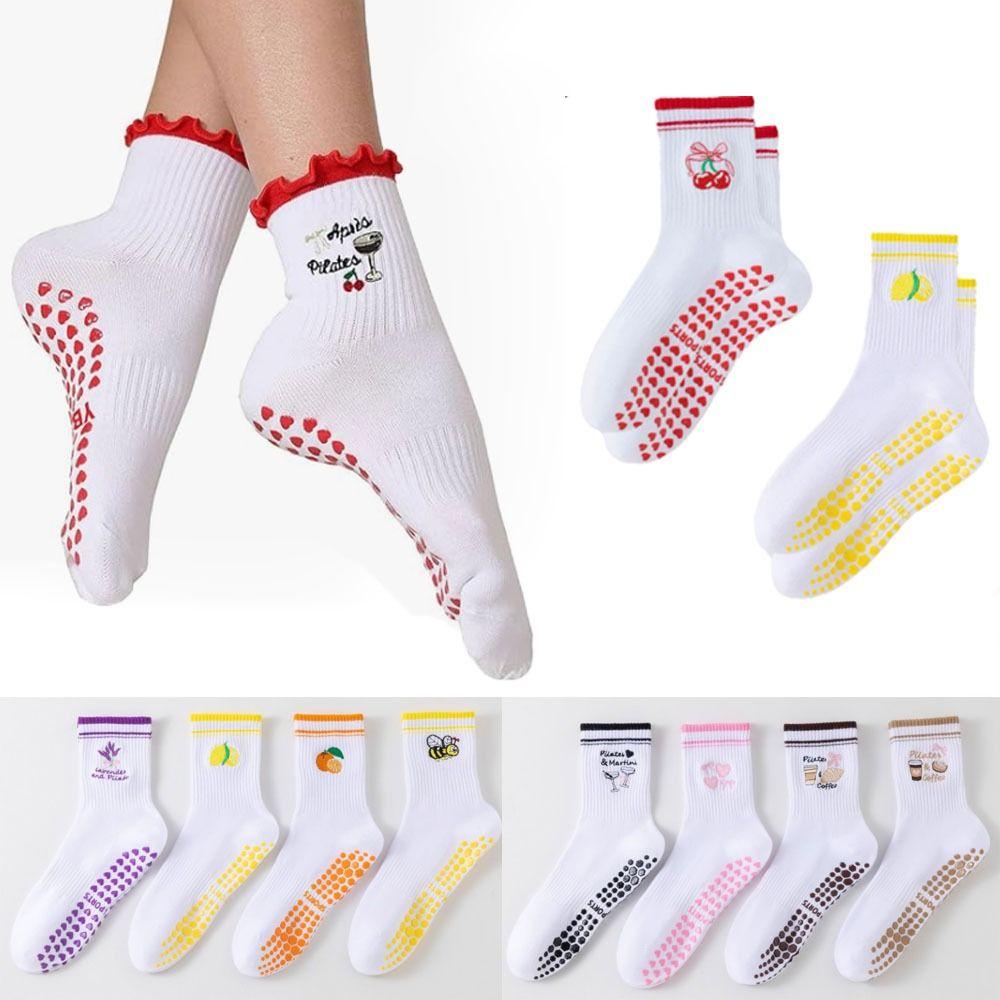 Harajuku Street Pilates Socks Breathable Cherry Embroidery Socks New Mid Tube Socks