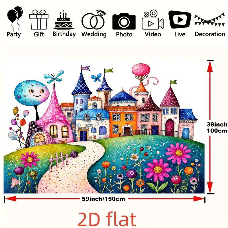 2D Magical Kingdom Backdrop, Cute Colorful Castle and Garden Illustration Background