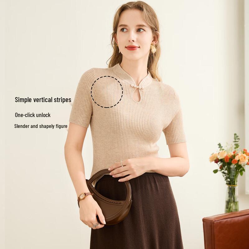 TUHUANG New Chinese Style Beaded Qipao Collar Knit T-shirt