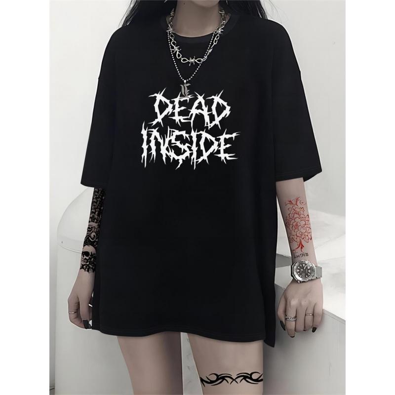 Men's Gothic DEAD INSIDE Graphic Tee - Soft Breathable Oversized Shirt, Minimalist Everyday Halloween Outfits - Machine Washable Year-Round Top for