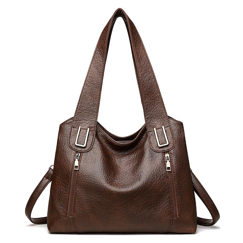 Large Capacity Leather Tote Bag for Women Vintage Shoulder Handbag with Zip Pockets