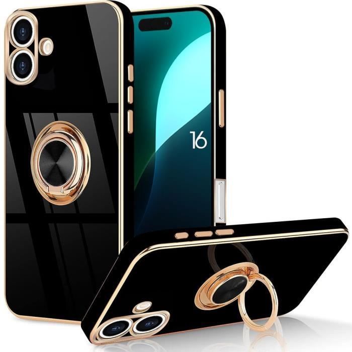 Coque de protection pour téléphone - BOOLING - iPhone 16 - Silicone hybride - Antichoc - Anneau rotatif 360°