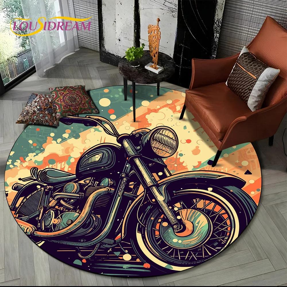 3D Retro Vintage Motorcycle Cartoon Round Area Carpet Rug for Living Room Bedroom Kid Playroom Decor,Pet Area Rug Non-slip Gift