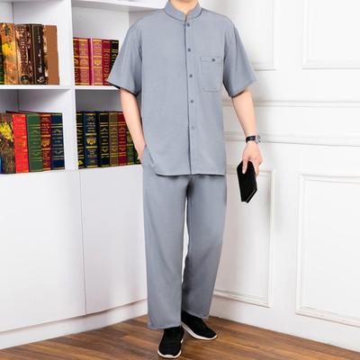 2 szt./zestaw Męski garnitur Stójka Krótki rękaw Jednorzędowa koszula Elastyczna talia Długie spodnie Zestaw Jednolity kolor Luźny krój Strój rekreacyjny