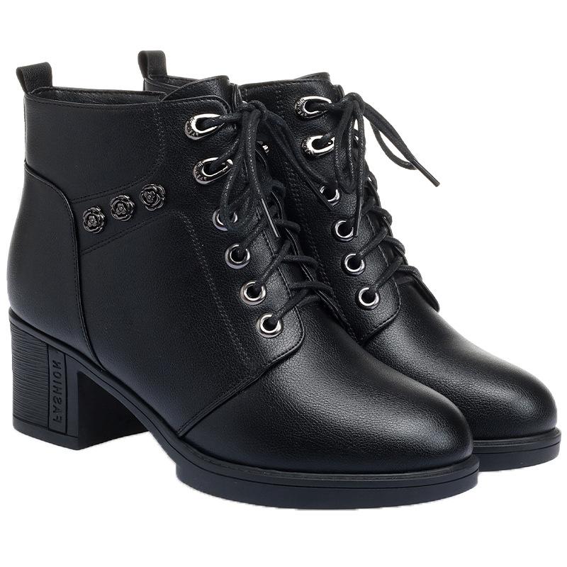 Short Boots Velvet Warm Leather Shoes Autumn and Winter Soft Sole Versatile Medium Heel    and Elderly Cotton Shoes Eight-hole Martin Boots