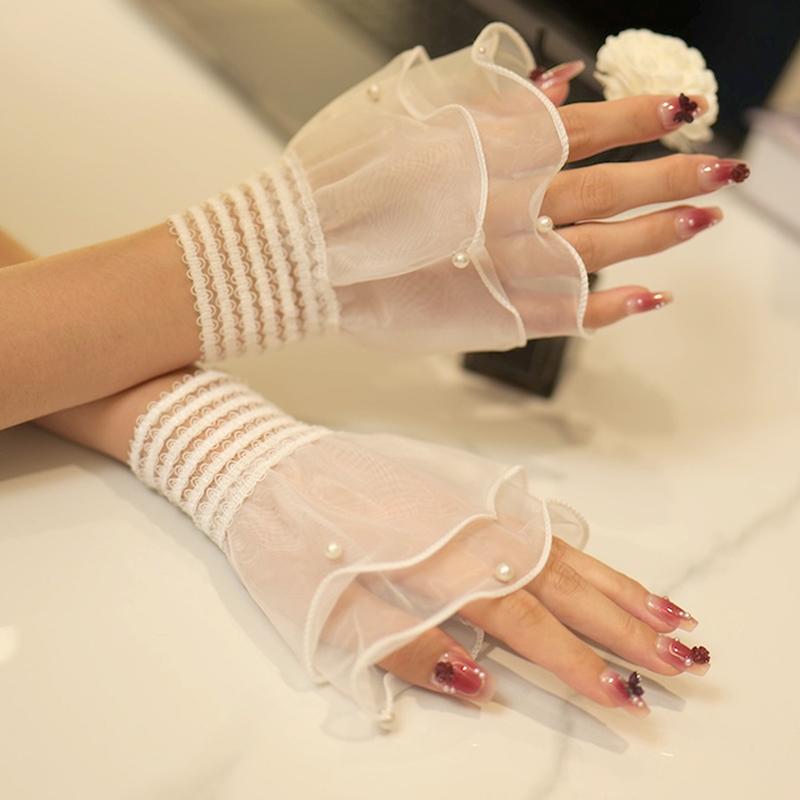 Lace False Sleeves Women'S Sweet Lace Mesh Pearl Bell Sleeves Wrist Sleeve For Weddings And Parties