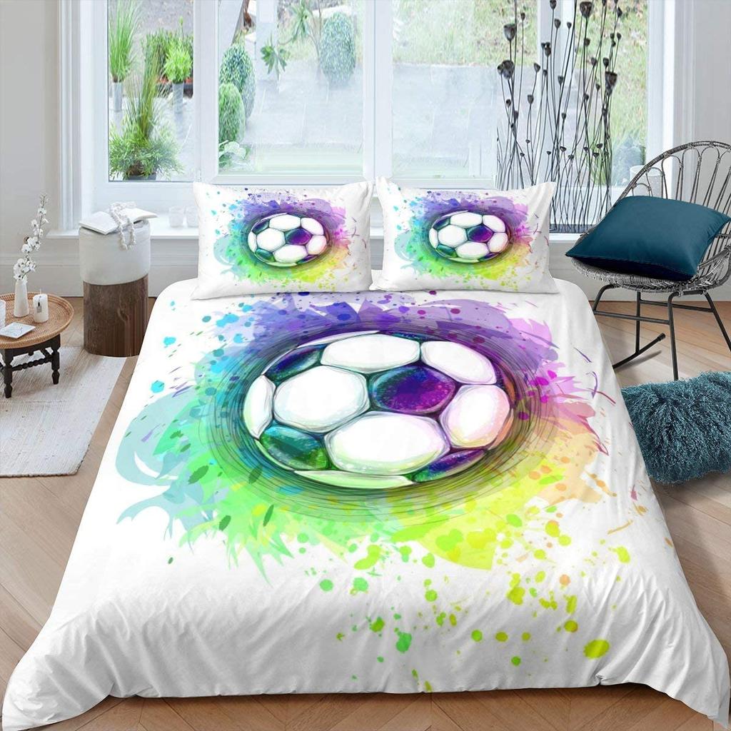 Soccer Duvet Cover Set King Queen Full Size Football Pattern Polyester Comforter Cover For Kids Teens Soccer Lover Bedding Set