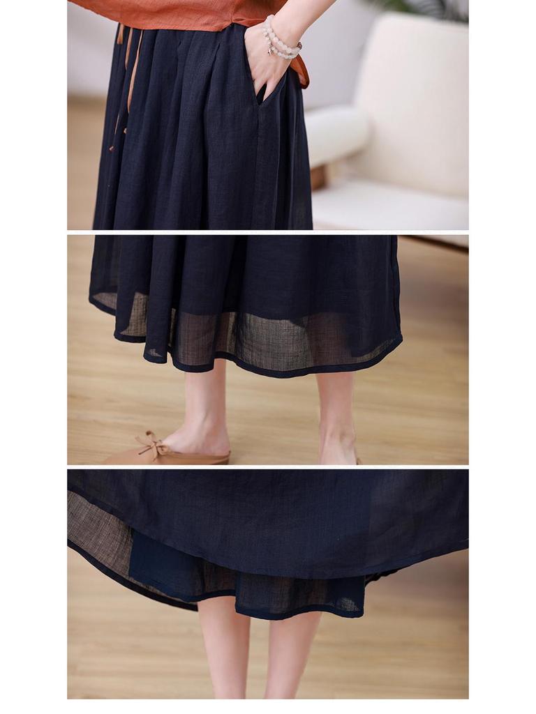 2025 Retro Graphite Wash Ramie Midi Skirt with Full Cotton Lining - Double Layer Flowy Slimming Long Skirt for Women