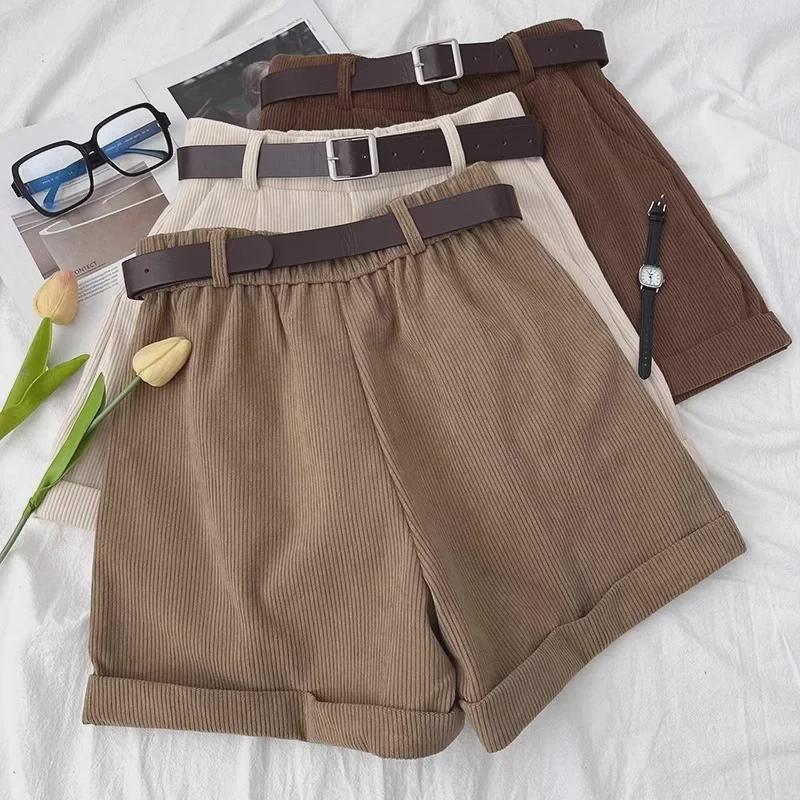 Dámské retro manšestrové šortky s širokým pasem – podzimní/zimní móda