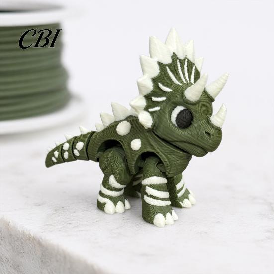 Dinosaur Fidget Toy 3D Printed Three-Horned Figurine with Articulated Joints, Green White Desk Thorn Pattern Decor Textured Spikes, Mini Collectible