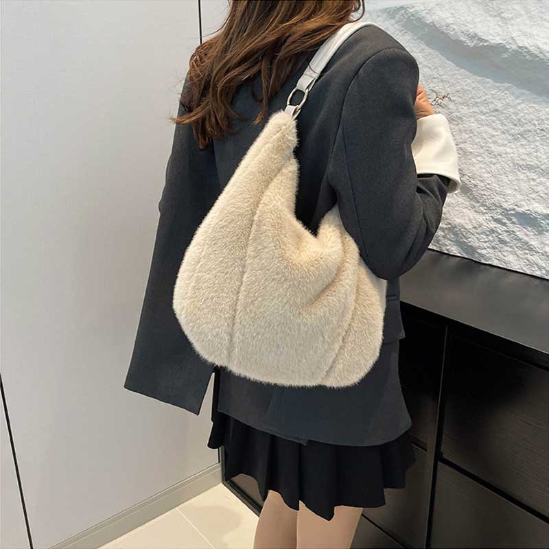 Winter Cotton Fabric Zipper Soft Shoulder Bags Large Capacity Versatile Handbags Furry Sweet Women's Bags