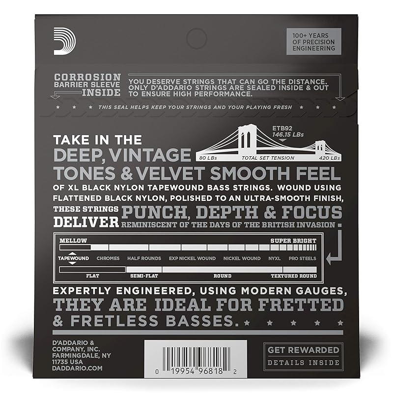 D'Addario ETB92 Černé struny pro basovou kytaru s nylonovým omotem, dlouhé, .050-.105mm [Oficiální japonský produkt]