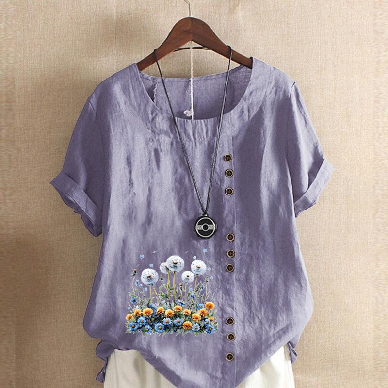 Women's Fashion Flower Cluster Prined Short Sleeve T-shirt Loose Cotton Shirt Casual Loose Summer Blouse Tops Plus Size