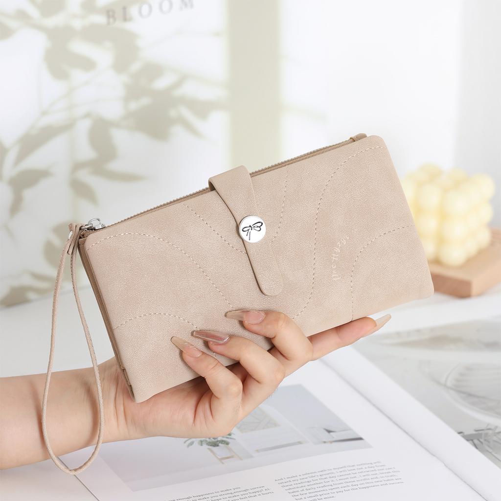 New women's long wallet, two fold, simple buckle solid color multi card handheld phone bag, zipper portable