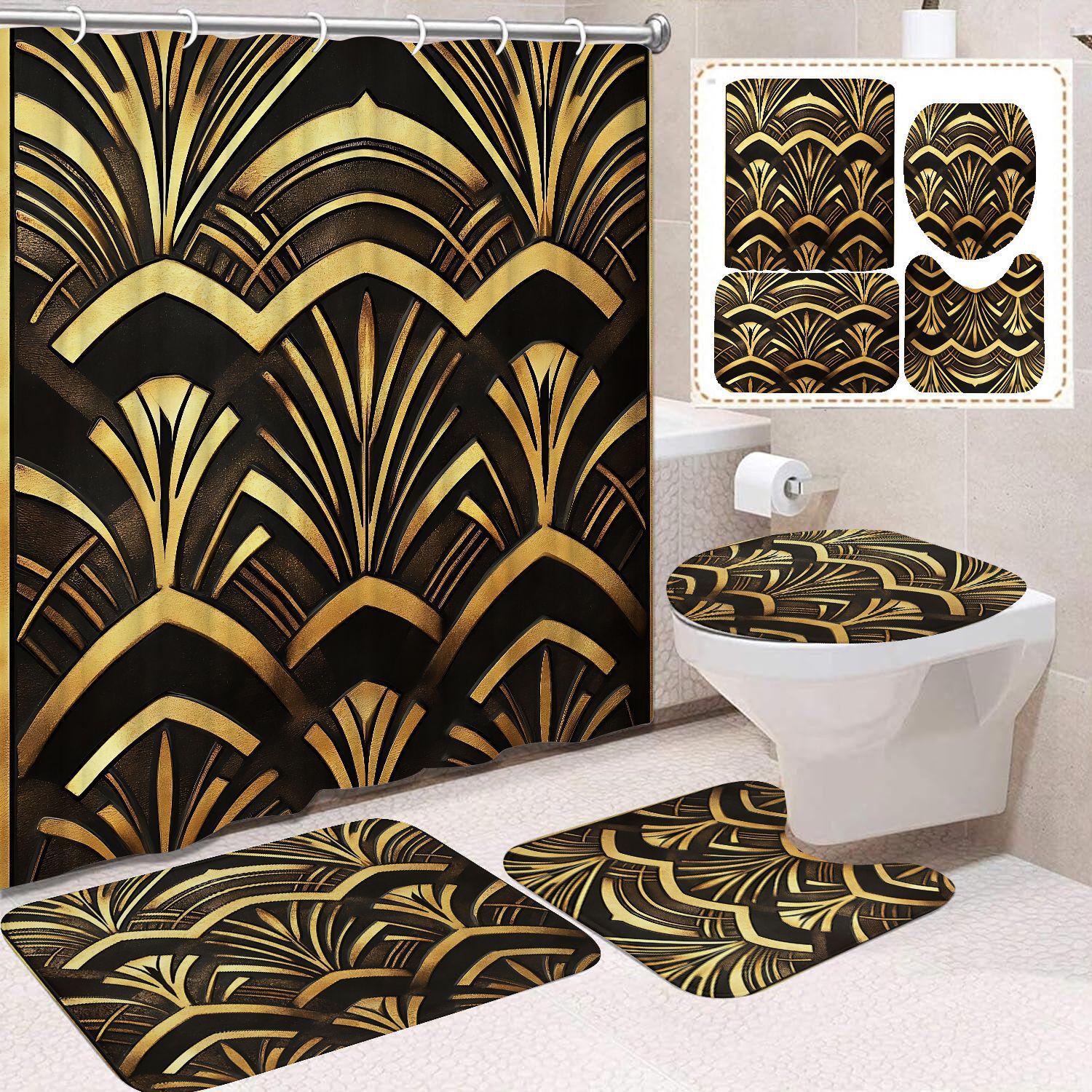 

4pcs Luxury Gold Geometric Shower Curtain Set Marble Texture 3D Emerald Green Abstract Art Waterproof Bath Curtain Non Slip Rugs Toilet Cover Set 4Pcs set
