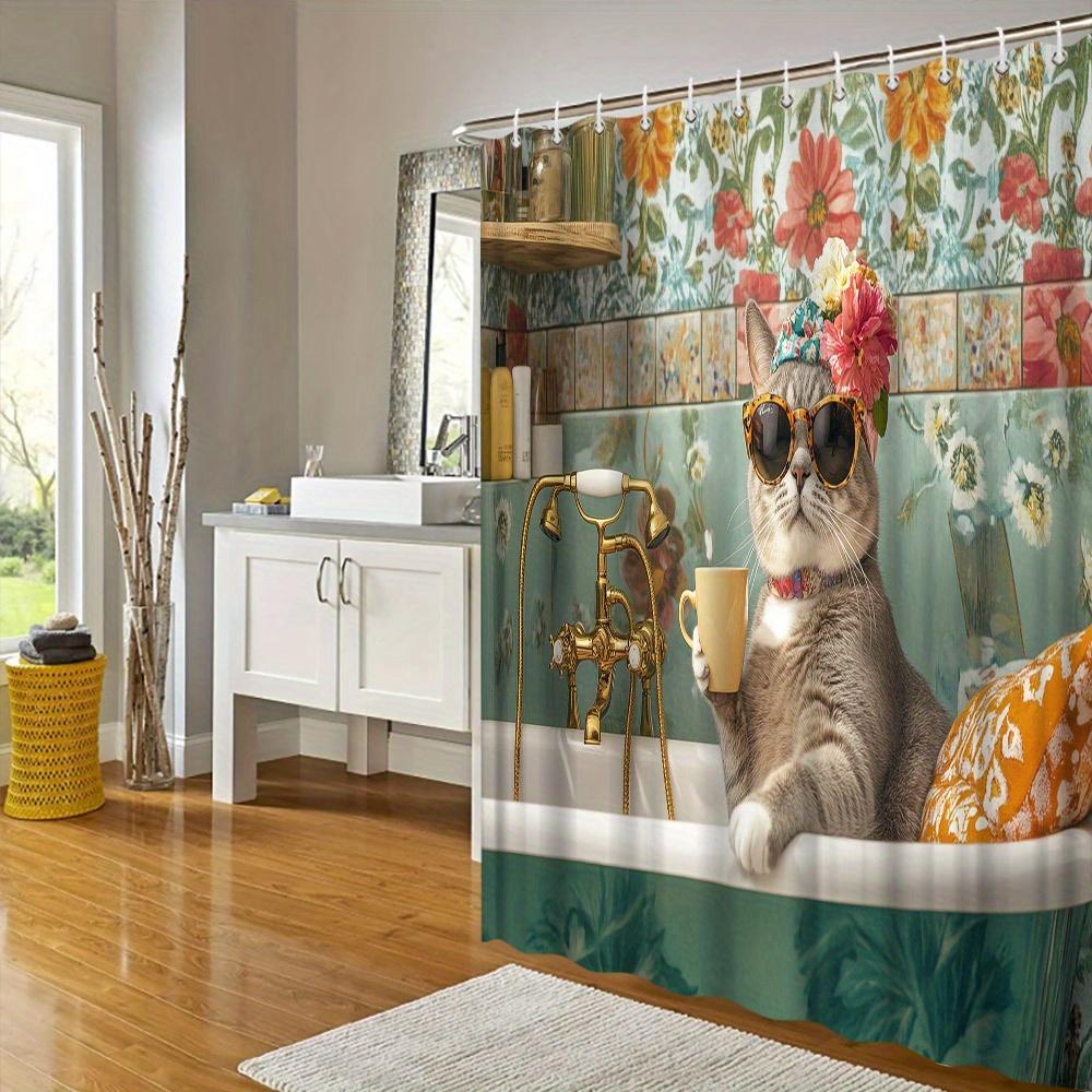 Stylish Cat in Bathtub with Sunglasses Waterproof Shower Curtain, Modern Bathroom Decor, Unique and Durable,Perfect for Home Use