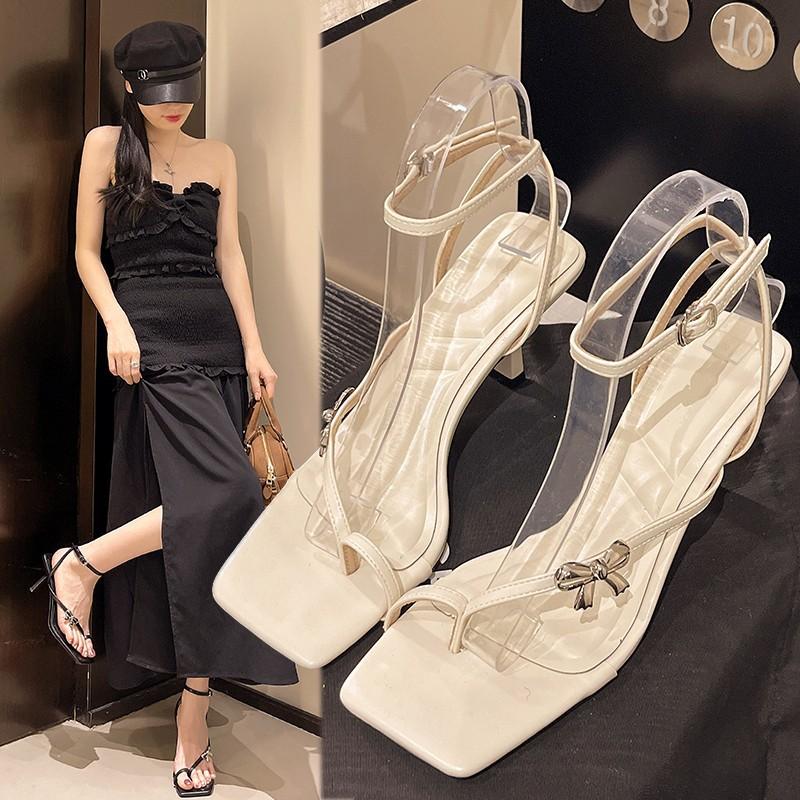 

French temperament evening style high heels cover toe bow women s shoes wear 2025 new summer stiletto sandals 42