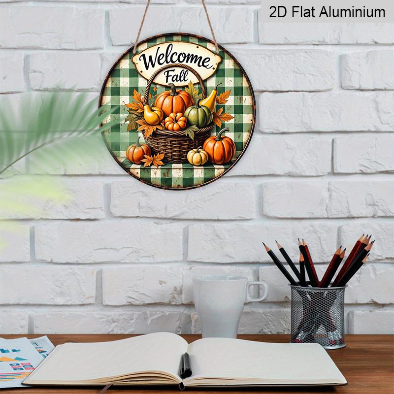 2D Flat, 1pc Aluminum Circular Sign Welcoming The Autumn Harvest, Featuring Rustic Pumpkin And Checkered Decorations with Cursive Lettering, Suitable