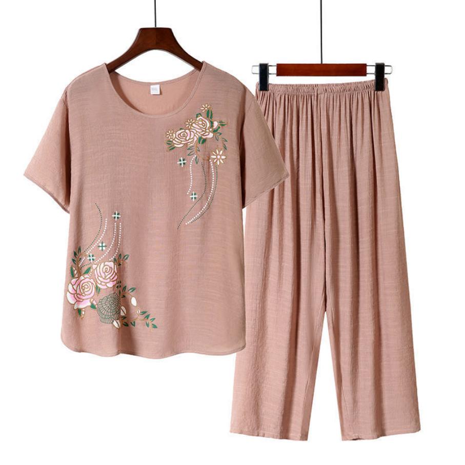 Dámské oblečení Květinový potisk Tričko Kalhoty Volný Dvoudílný Set Letní Domácí Set Outfit s krátkým rukávem pro střední věk