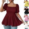 Plus Size Women's Smocked Waist Peplum Top Square Neck Puff Sleeve Casual Blouse Lightweight Comfortable Soft Fabric