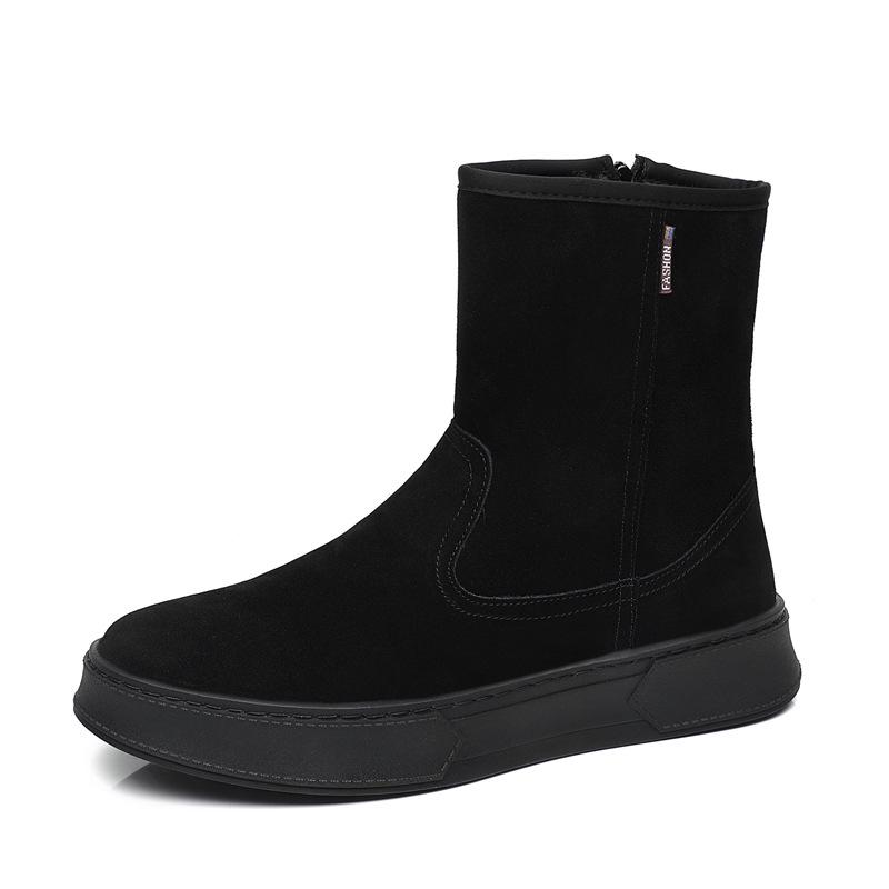 Men's Trendy Suede Cowhide Snow Boots: Warm High-Top Casual Cotton, Fashionable, Versatile Slip-On with Side Zipper