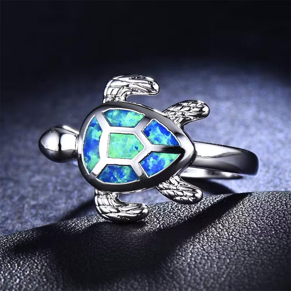 Fashion Sea Turtle Ring For Women Inlay Imitation Blue Fire Opal Ring Women Wedding Band Engagement Party Jewelry Drop Shipping