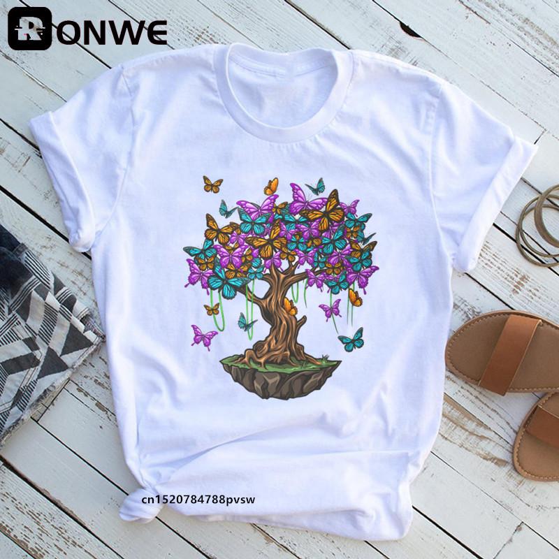 Woman Butterfly Tree 3D Print Harajuku Summer Tshirts Casual Round Neck Short Slee Top T- Shirt