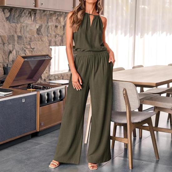 Women's Summer 2-Piece Outfit Casual Sleeveless Halter Top Wide Leg Pants Set Summer Cotton Linen Lounge Suit