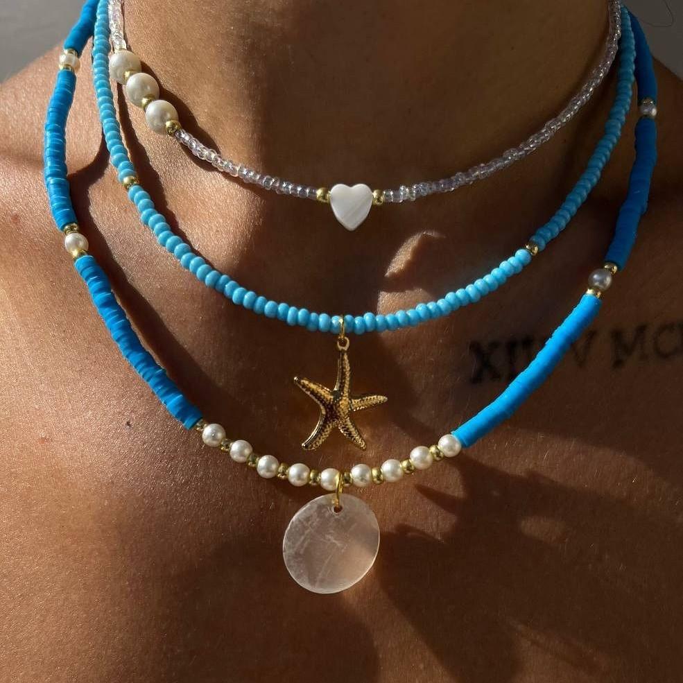 Bohemian Blue Color Rice Seashell Beads Starfish Pendant Necklace for Women Multi-Layer Chain Clavicle Necklace Summer Jewelry