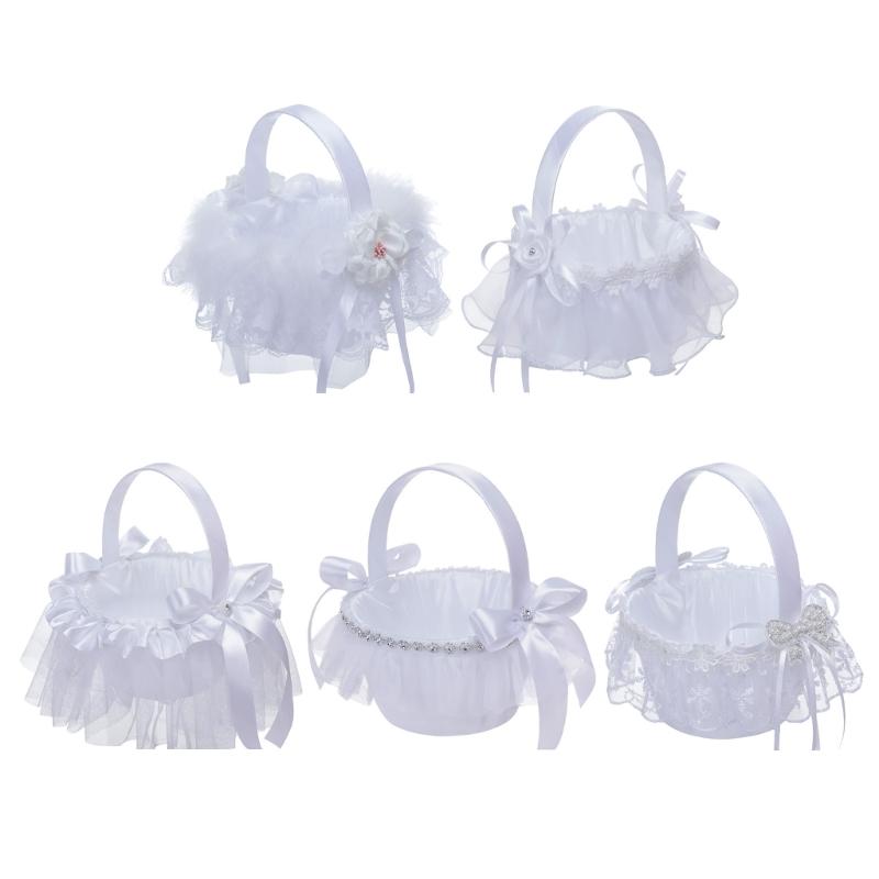 Romantic Petals Storage Satin Flower Girl Basket Bowknots Decor White for Wedding Ceremony Party Decorations 5 Style