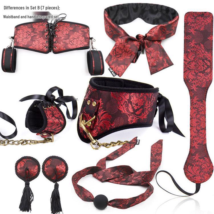 Retro Court Chinese Style Fabric Restraint Set: Foot Cuffs, Gag Ball, Eye Mask, Leash, Collar.