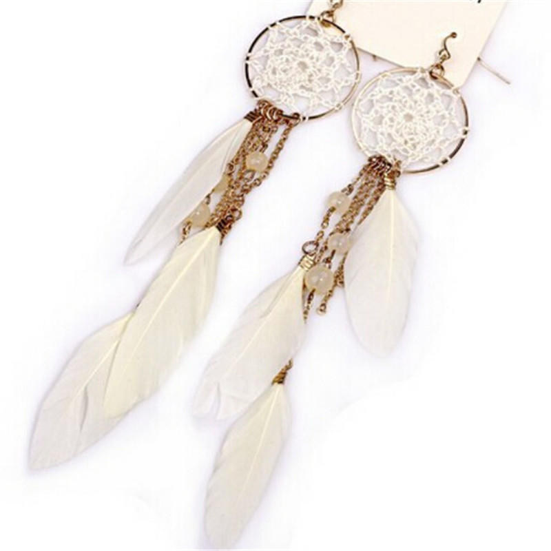 New Bohemia Ethnic Feather Beads Long Design Dream Catcher Earrings For Women