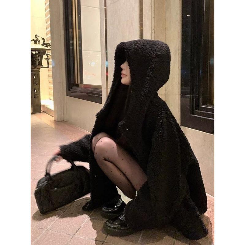 Winter Korean Fashion Fleece Coat Women Hooded Thickened Slim Fit Casual Lazy Style