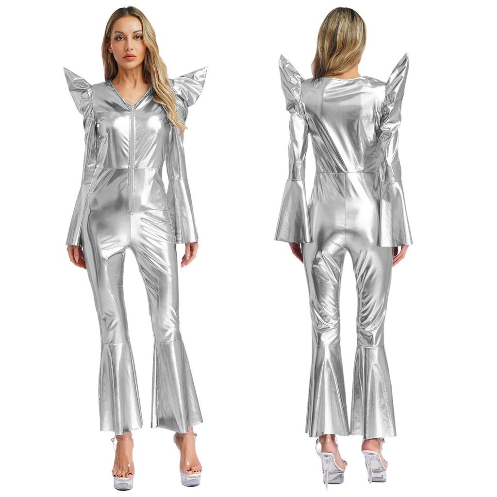 S-3XL Women‘s Disco Jumpsuit Halloween Costume: Shiny Metallic Long Sleeve High Waist Romper with Bell Bottoms & Front Zip