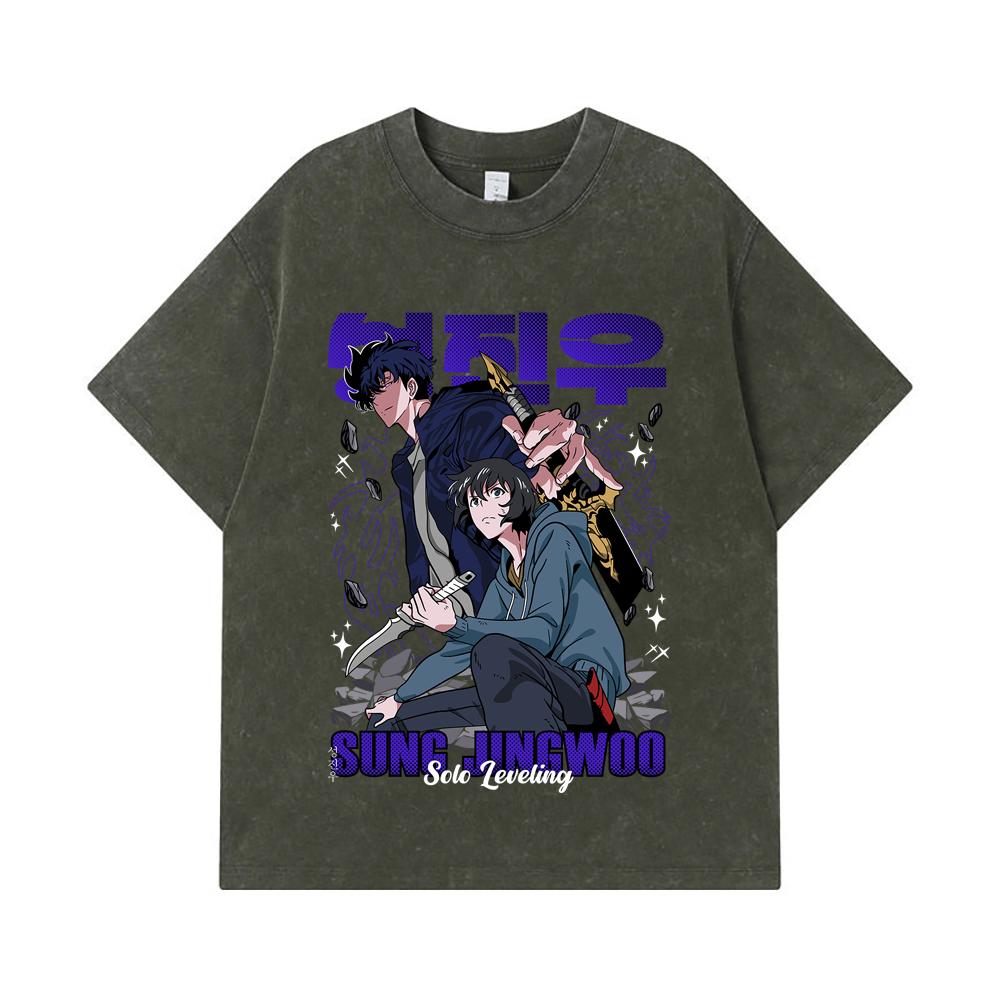 275 GSM Washed T-shirts 100% Cotton Solo Leveling V4 Print Unisex Heavy Cotton T Shirt S