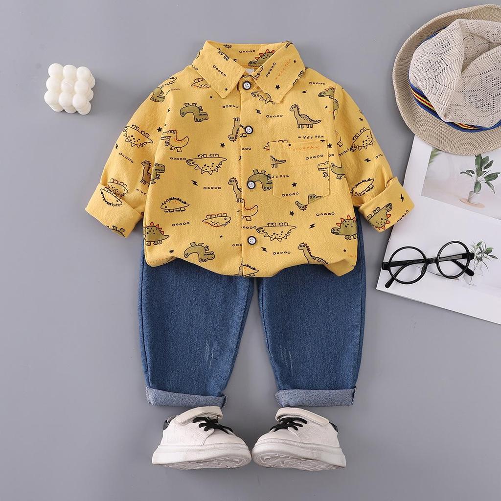 Boys' Dinosaur Print Two-Piece Set: Lapel Long Sleeve Top & Elastic Denim Pants